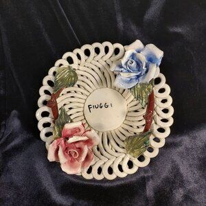 Vintage Italian Handmade Woven Lattice Basket Bowl RED WHITE & BLUE ROSES